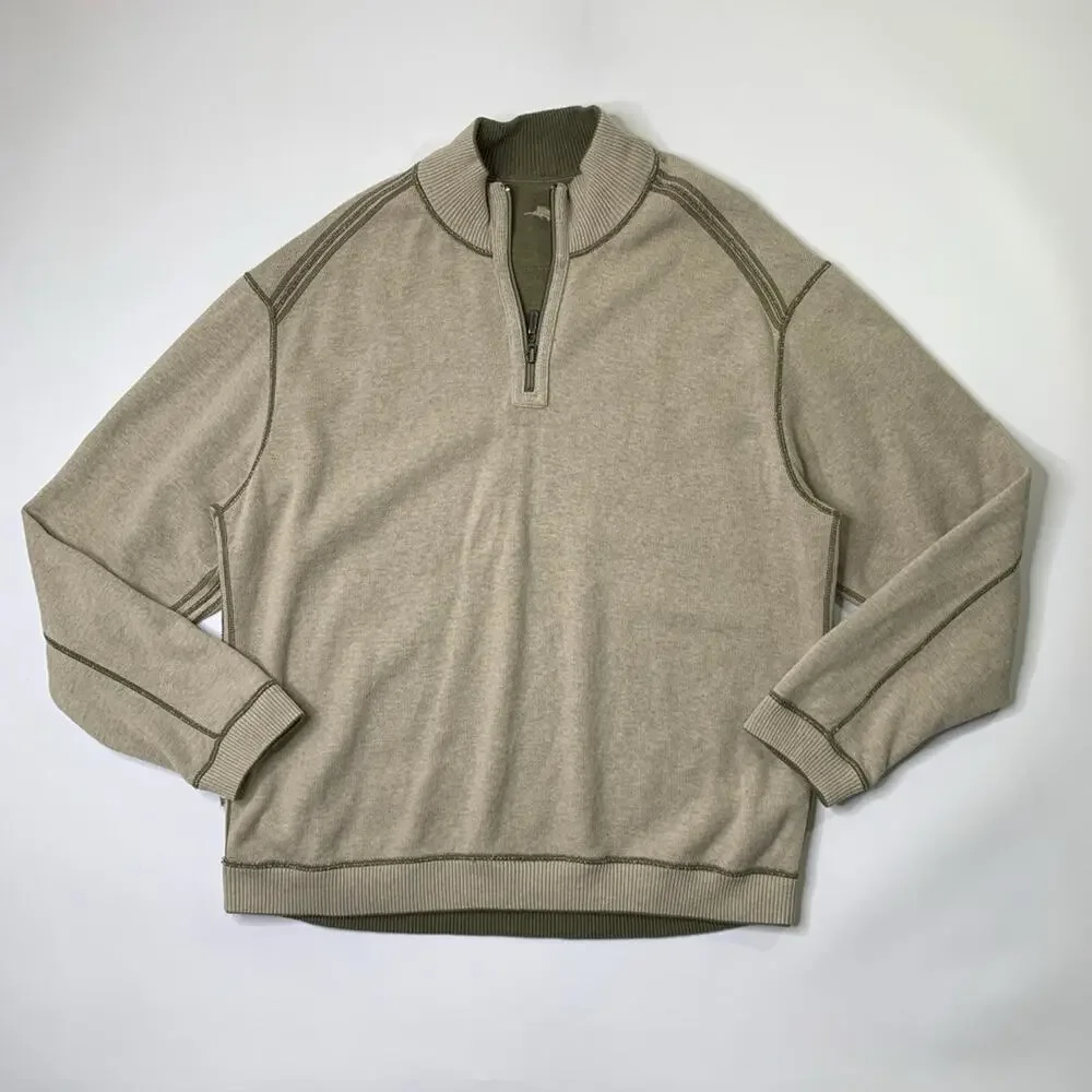 Tommy Bahama Sweater Mens L Large Ivy Tan Flip Side Classic 1/4 Zip Reversible